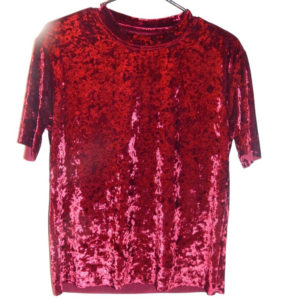 women's small burgundy maroon red crushed velvet short sleeve blouse shirt top - Picture 1 of 9